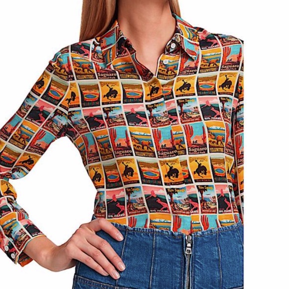 Alice + Olivia Western Postcard with Tag Print Silk Shirt Button-down Top - Picture 1 of 15